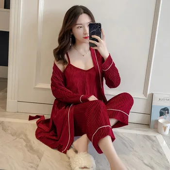 

Velvet Female Pajamas Nightwear Sexy 3PCS Sleep Suit Negligee Thicken Sleepwear Pijamas Set Long Sleeve Negligee Home Clothing
