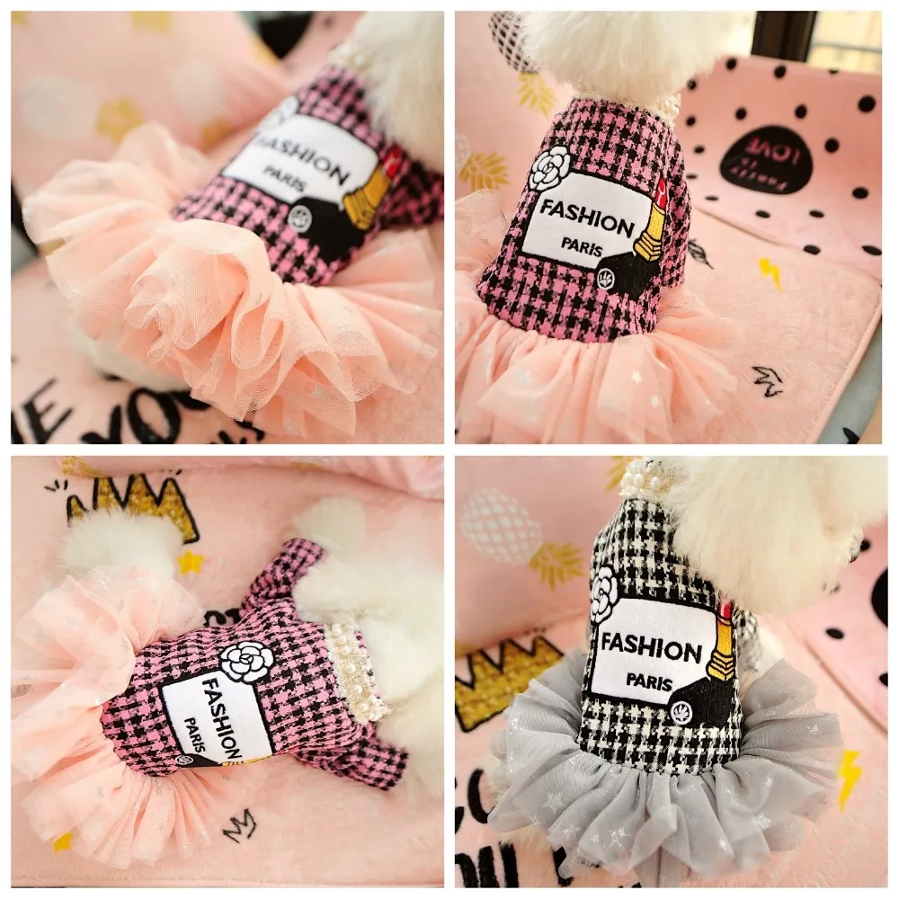 Princess Small Dog Dresses Coat Autumn Houndstooth Cat Skirt Clothes Tulle Dresses Puppy Chihuahua XS S M L XL