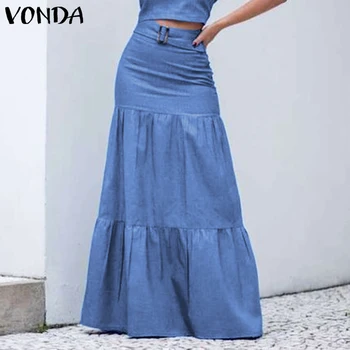 

2020 Women Solid Long Skirts Elastic Waist Pleated Maxi Skirts Beach Ruffle Vintage Summer Skirts Belt Faldas Saia Party Bottoms