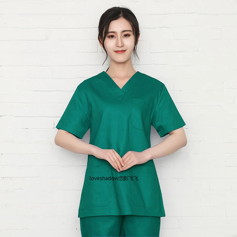 Plug Size S-4XL Pure Cotton Scrubs Women Short Sleeve V Neck Nurse Doctor Solid Color Scrub Top (No Pants) Medical Uniforms