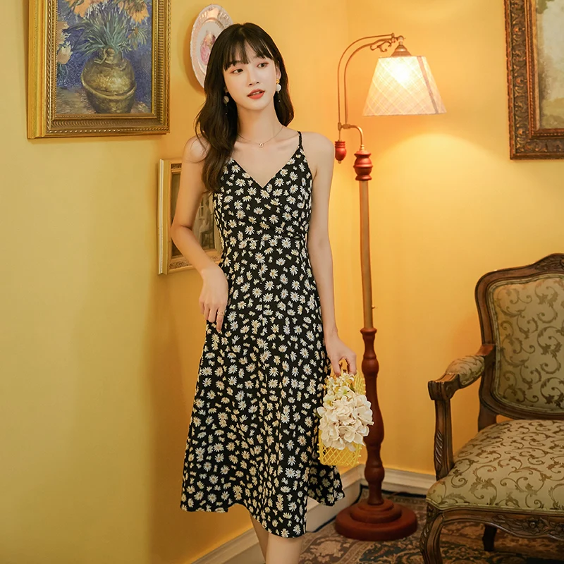 

Women Midi Floral Black Chiffon Slip Dress Summer 2020 Runway Backless Korean Party Dress Boho Tropical Beach Vacation Sundress