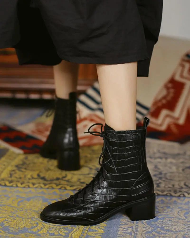 

2020 Women Fashion Elegant Casaul Solid PU Vintage Autumn Female Ankle Boots Pointed-Toe Crocodile Leather Martin Boots
