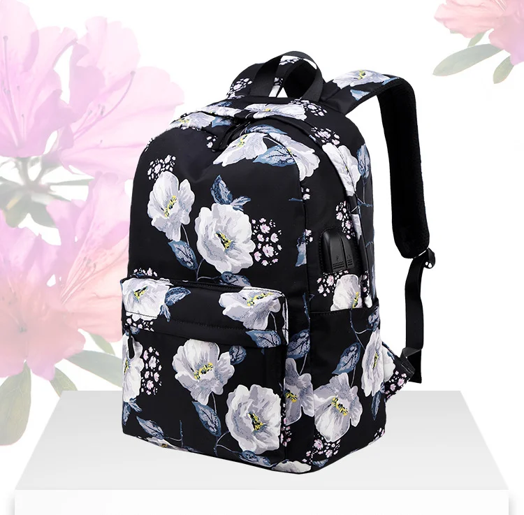 Nylon School Backpacks for Women Bags Ladies Backpack Fashion Designer Female Laptop Backpack Flower Print Teen Girls Book Bags