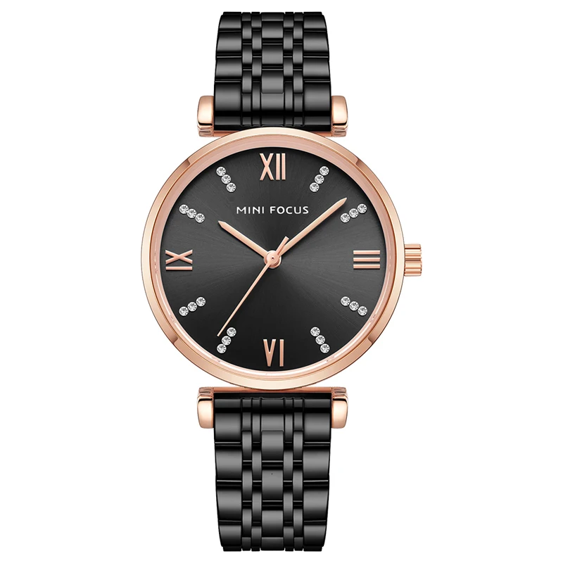 MINIFOCUS женские часы Топ бренд класса люкс синие часы женские Модные Аналоговые Кварцевые женские золотые часы наручные часы из нержавеющей стали - Color: Black steel