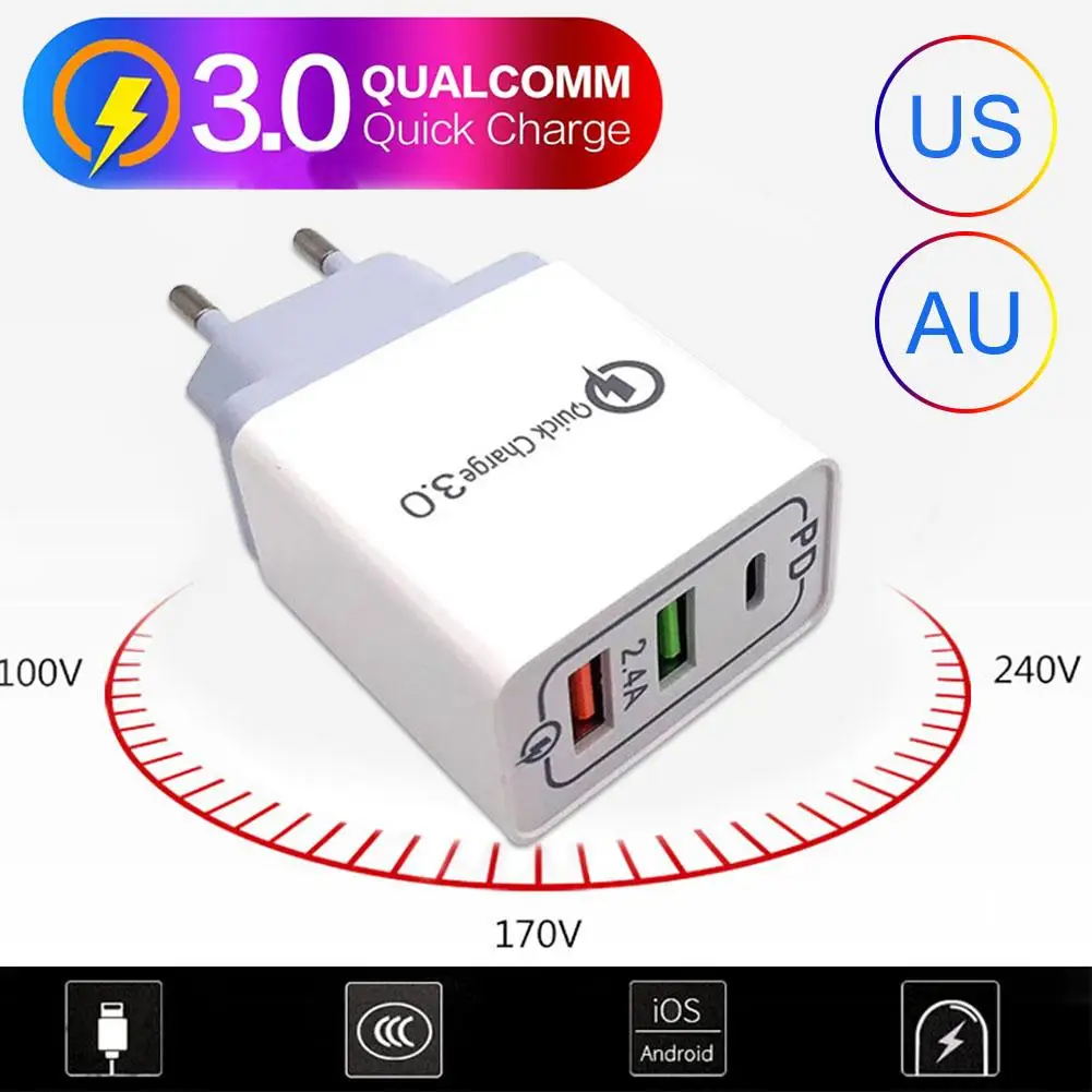 2 порта USB PD3.0 QC3.0 быстрое зарядное устройство 2.4A Type C PD настенное кабель