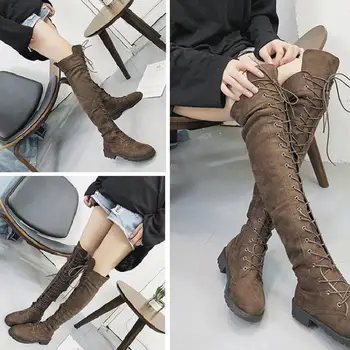 

2020 free shipping Plus Size Women Autumn Winter Low Heel Lace Up Over Knee Long Boots Flat Shoes 20 20 lowest price