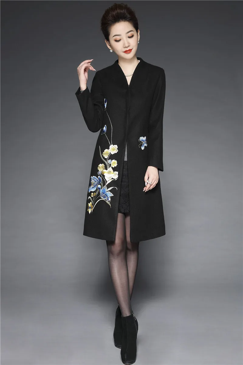 Новое Женское шерстяное пальто с вышивкой красивое длинное жаккардовое пальто женское приталенное пальто с v-образным вырезом в китайском стиле зимняя одежда для мамы