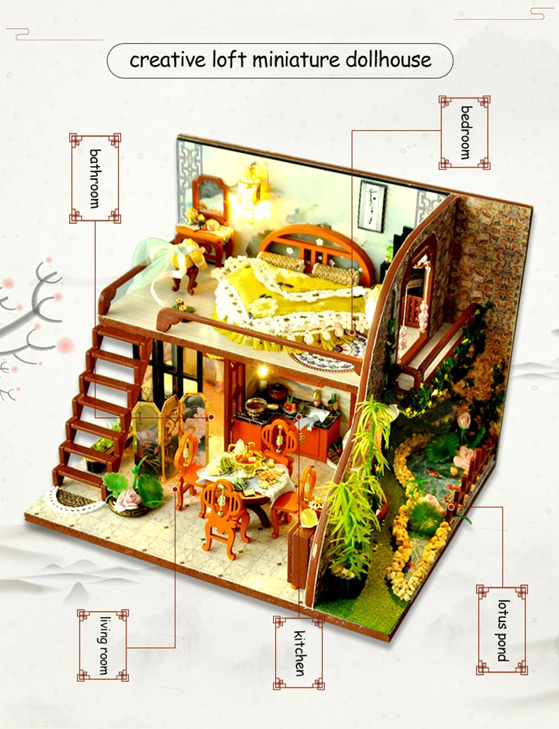 DIY кукольный домик в китайском стиле лофт миниатюрные кукольные домики Модель 3D деревянный дом сборные наборы игрушки с мебелью пылезащитный чехол