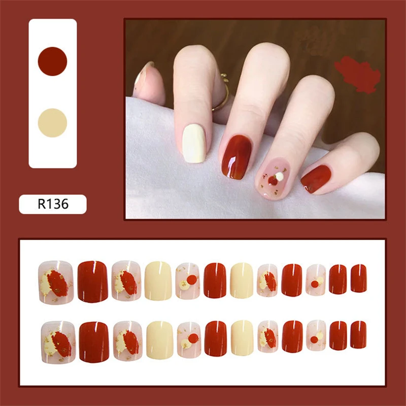 24 Sheet/Set Cute Face Fake False Nail Tips Grid Round Full Cover Glue Manicure Makeup New Design Pure Art Nail Stickers