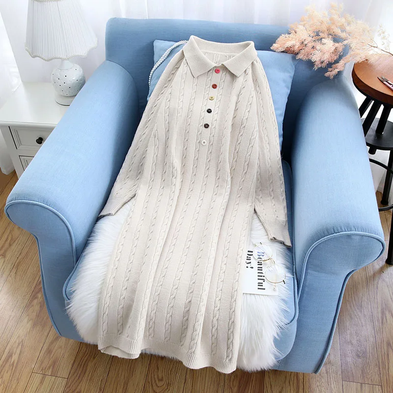 

knitted long dresses for women 2019 autumn winter new turn-down collar loose knee-length ruffles lady elegant dresses top qualit