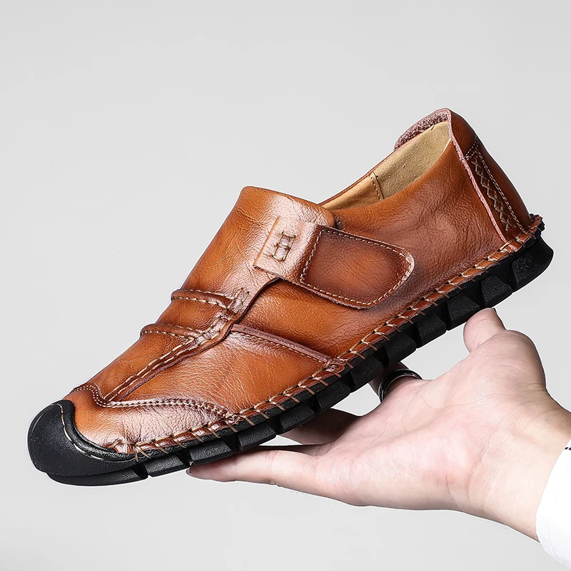 Классические мужские повседневные туфли; мужские кожаные лоферы в стиле ретро; модные мужские мягкие мокасины на липучке; сезон осень; уличная мужская обувь на плоской подошве; размеры 38-48