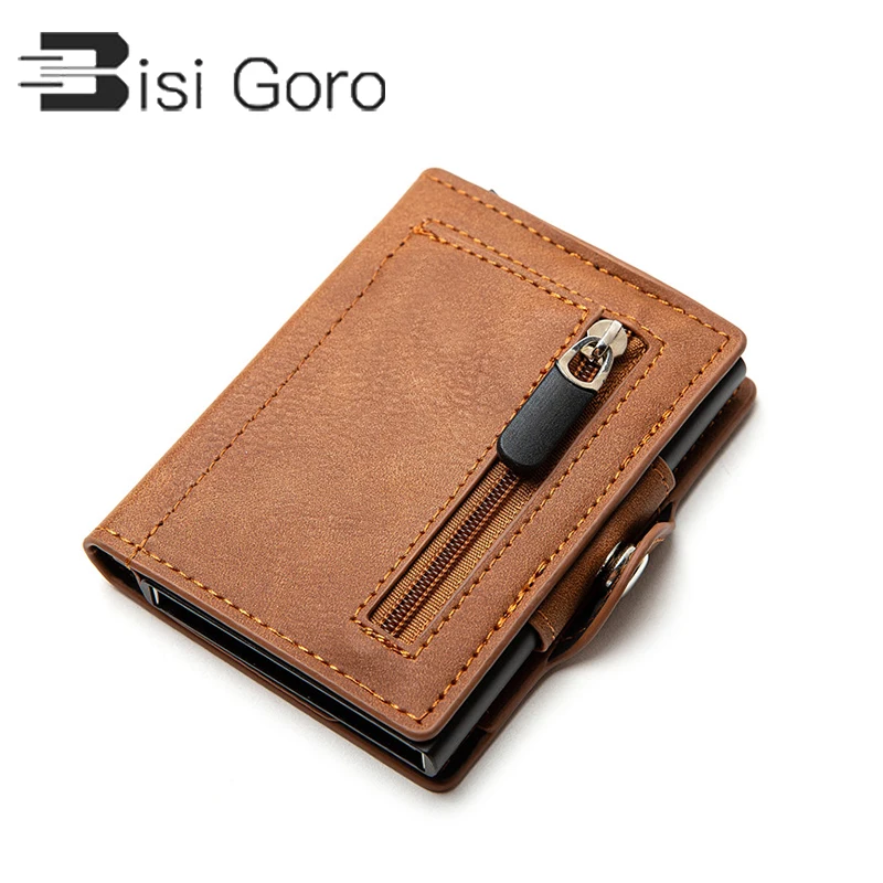 

BISI GORO 2020 New Arrival Business Credit Card Holder Button Smart Wallet Coin Zipper RFID Blocking Purse Fashion Black Color