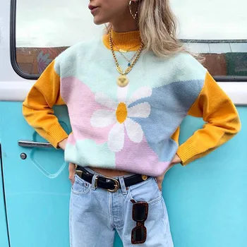 

Flowers Print Patchwork Women Sweater Autumn 2019 Winter Warm Colorful Female Pullovers Girls Casual Loose Knit Sweaters