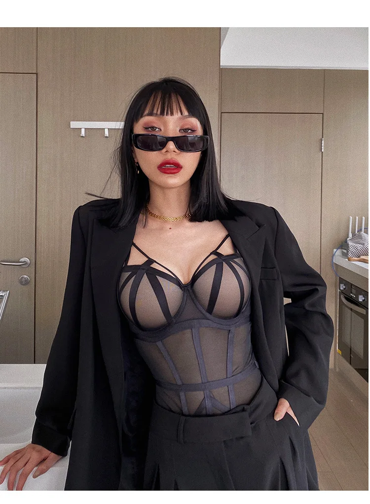 bra and panty French Bodysuit Sexy Lace Push Up Bra Set Classic Bandage Mesh Transparent Bodycon Underwear Women Temptation Hollow Onesies sexy bra set