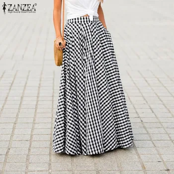 

ZANZEA 2020 Autumn Women Zipper Pleated Skirts Ladies Plaid Check Pockets Long Maxi Faldas Femme Bohemian Long Skirt Jupe 5XL