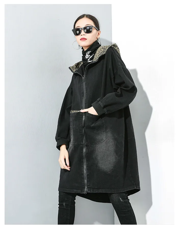 Max LuLu Fashion Korean Ladies Punk Oversized Clothes Womens Hooded Leopard Denim Trench Coats Vintage Black Long Windbreakers