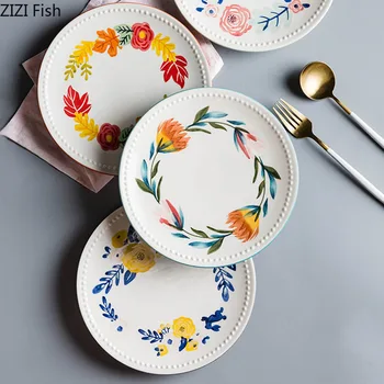 

Household Tableware Set Ceramics Plate Painted Floral Pattern Food Dish Cake Tray Fruit Dishes Dessert Dinner Storage Trays
