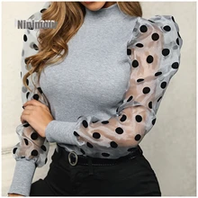 

Elegant Women Autumn Fashion Sexy Puff Solid Sleeve Shirt Blouse 2020 Mesh Blouse Cowl Neck Polka Sleeve Top