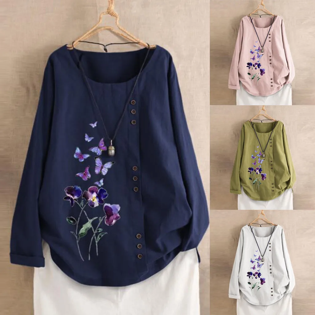 

2019 Women Plus Size Women Long Sleeve Cotton Linen O-Neck Botton Blouse Top 8.19