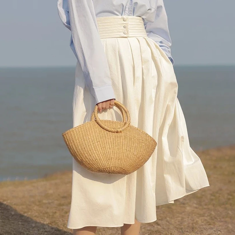 French white high waist A-line  skirt Solid Ankle-Length Natural WOMEN Casual COTTON silk long skirt  clothes