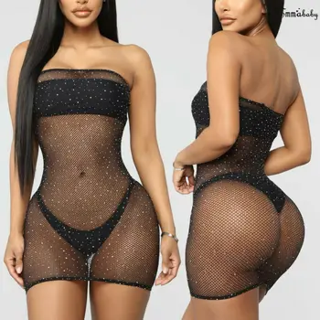 

Women Rhinestone Fishnet Mesh Sheer Bikini Cover Up Sexy See Through Swimwear Beach Dress Summer Clubwear Party Bathing Suit