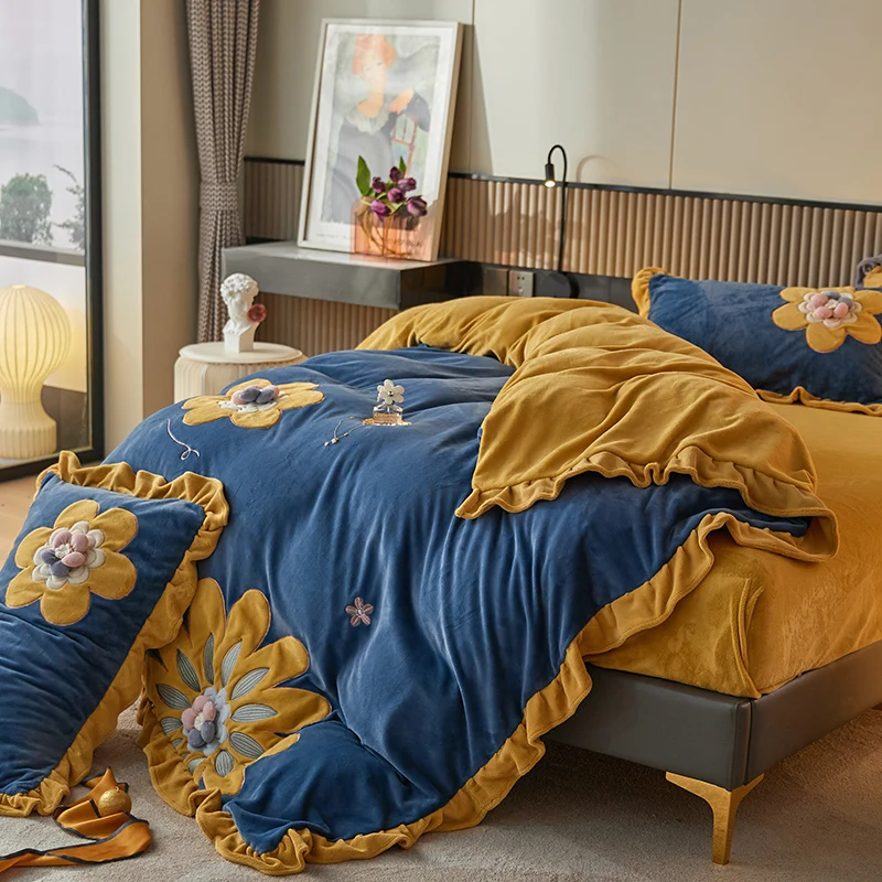 Furry Quilt Cover Bed Comforter Set Bed Linen Pillowcases Super Soft Velvet Fleece Warm Cozy Sunflower Embroidery Bedding Set 43 H5209d0a75df2478cbaa3ccdbe5a72b3fD