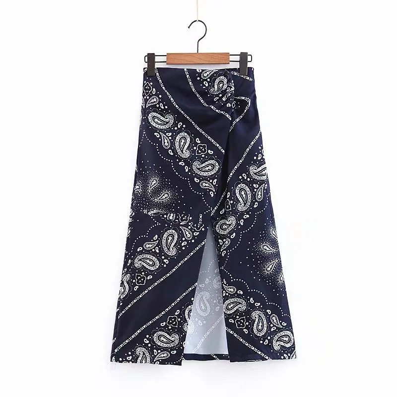 

Xl-1818 Spring And Summer New Style 2019 High-waisted Vintage Printed Slit Side Zip Mid-length Sheath Skirt