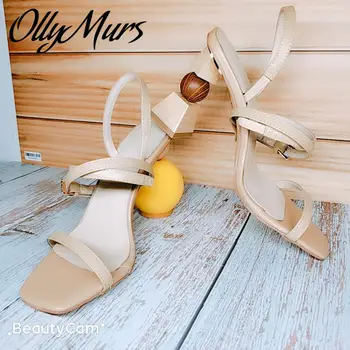 

Prowow New Beige Spring Summer Open Toe Buckle Strap HIgh Heel Sandals Strange Round and Triangle Sandals Shoes Women