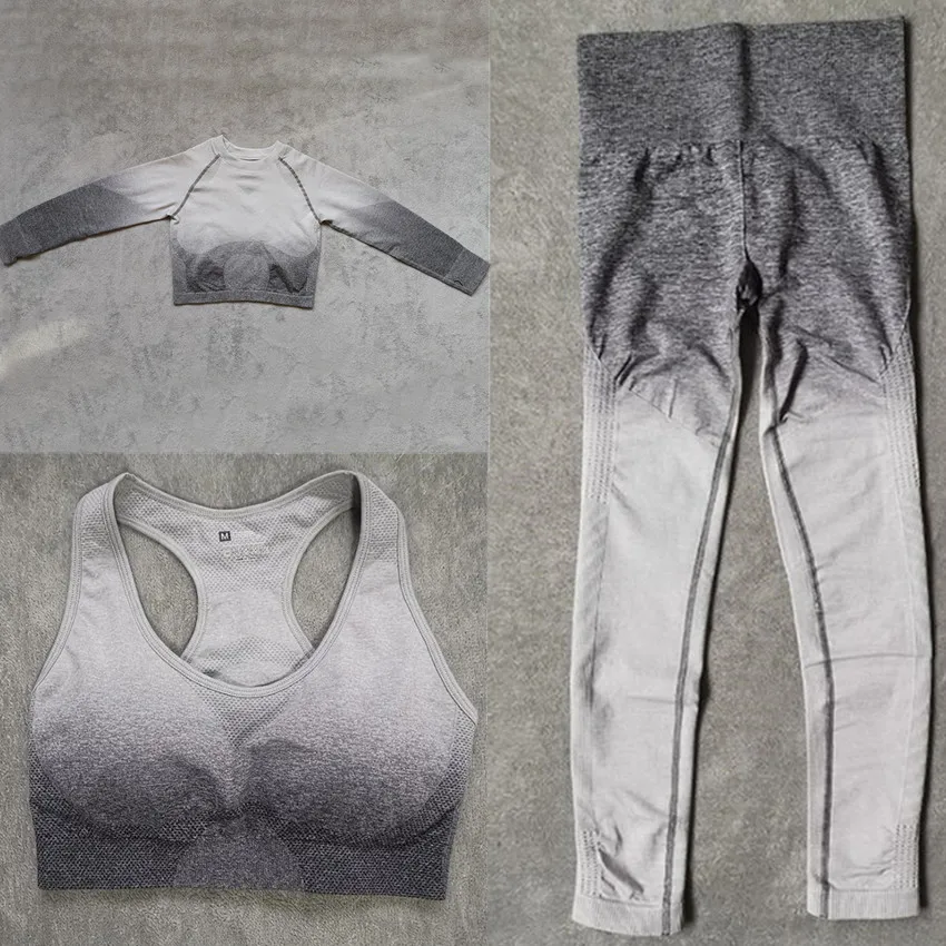 CB51 grey 3 pcs Комплект из 3 предметов на зиму, Для женщин Бесшовные Йога Комплект спортивная одежда с длинным рукавом футболки Высокая Талия бег легинсы, штаны для фитнеса, спортивный костюм - Цвет: CB51 grey 3 pcs