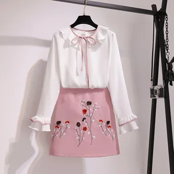 

2020 New Runway 2 Piece Set Women Elegant Bowknot Collar Ruffle Chiffon Blouse Shirt+ Embroidery Elegant Short Skirt Set