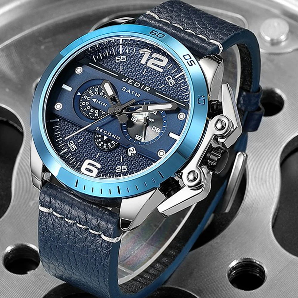 Large Dial Personality Men's Quartz Chronograph Watches Blue Leather Strap Fashion Sports Watches Male Clock Relogio Masculino