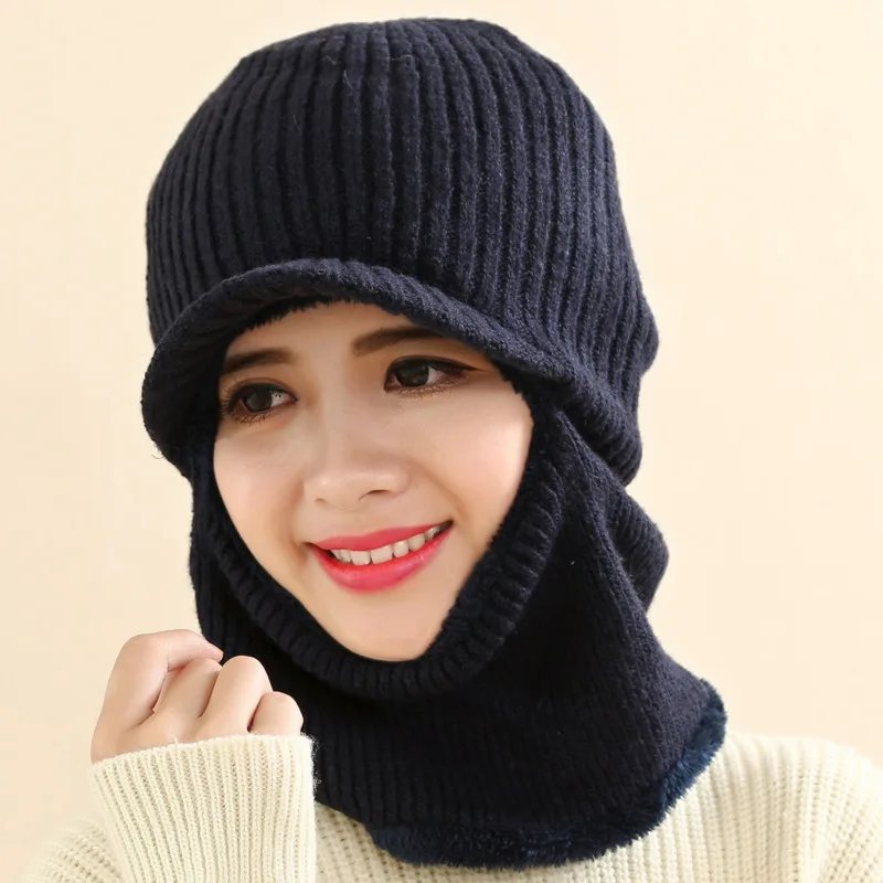 DarkBlue A2 Женские теплые шапки осень/зима маска женская зимняя шапка однотонная вязаная шапка шарф Набор круглая Лыжная Шапка s Женская плотная вязаная шапочка - Цвет: DarkBlue A2