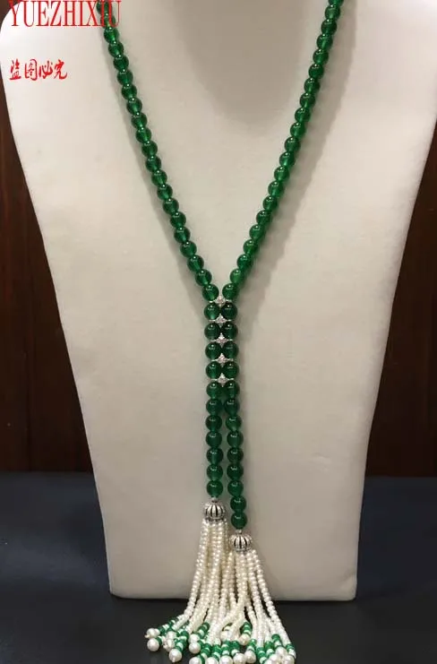 

925 Серебряные украшения Настоящее 8 мм зеленое Нефритовое ожерелье 20 дюймов женские пресноводные жемчужные украшения с кисточками