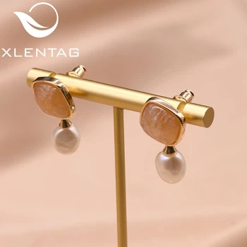 

XlentAg Natural White Round Pearls Drop Earrings For Women Orange Stones Accessories Party Stud Earings Bohemian Jewrlry GE0767B