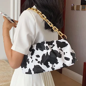 

2020 New Women Baguette Shape Bag Cow Print Cloud Shoulder Bags for Women High Quality Chains Crossbody Bag Women Clutches Purse
