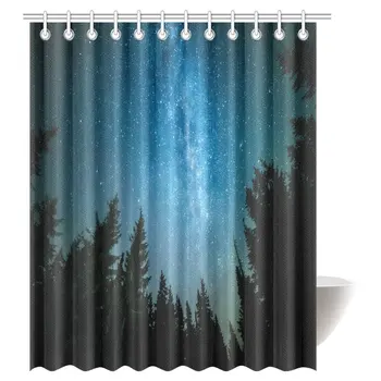 

Fantasy House Decor Shower Curtain, Tree with Scenery in Outer Space Inspired Cosmos Stars Fabric Bathroom Shower Curtain Set