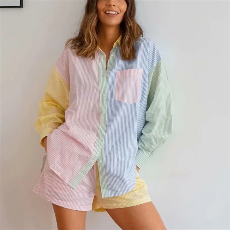 plus size sweat suits Girls Sweet Loose Stripe Shirt Suits 2021 Spring Casual Woman Colorful Patchwork Shorts Suit Female Soft Oversized Matching Sets women's sets