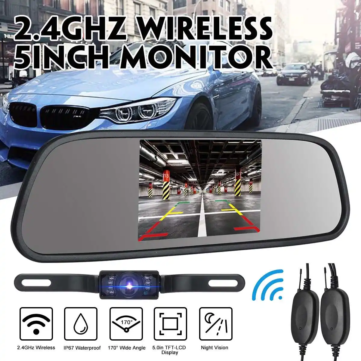 5" LCD Car Rear View Monitor Backup Camera Built-in Wireless Kit For Reversing 