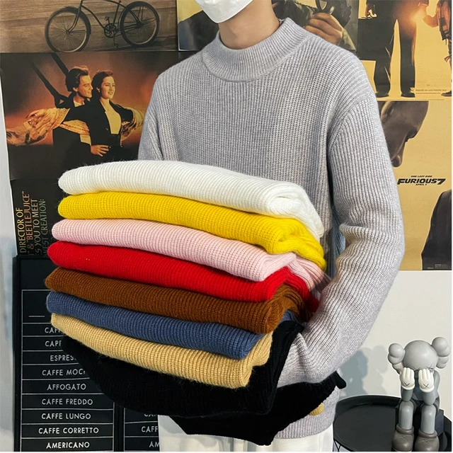 S-5XL Plus Size Mens Pullover Sweater Winter Ribbed Knitted Plain Color Comfort Twisted Long Sleeve Knitwear Clothing For Men