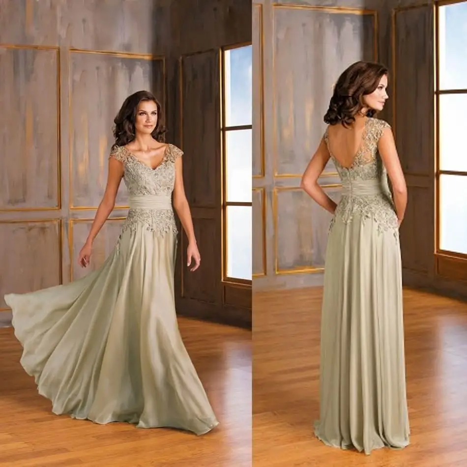 

2015 Mother of the Bride Dresses Fashion Lace Applique V-Neck A-Line Backless Evening Dresses Groom Bridal Mother Dress XYR71