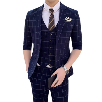 

2021 Spring Summer Men Slim Plaid Suit Blazer Vest Pants Fashion Trend Wedding Half Sleeve Three Piece Suit Set Jacket Trousers