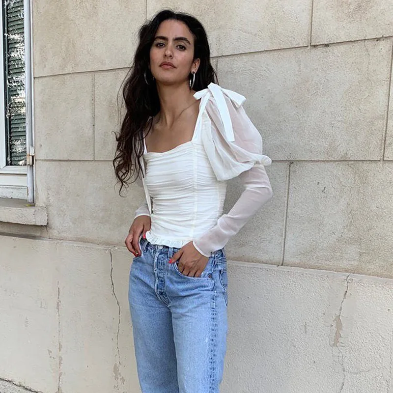 Сексуальный кроп Ruched Sheer Mesh Top женский галстук-бабочка с пышными рукавами тонкий короткий топ на бретелях белые оборки эластичные вечерние топы уличная