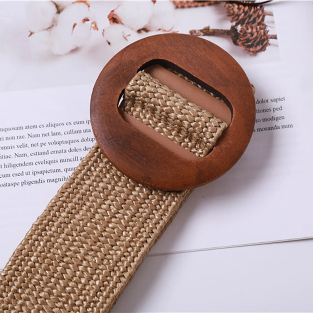 Women Braided Straw Waistband Cinch Belt with Round Wooden Buckle
