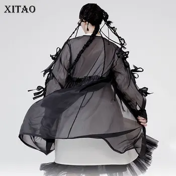 

XITAO Trend Embroidery Organza Dress Women Fashion Plus Size Long Sleeve Bandage Dresses Original Design Perspective XJ4456
