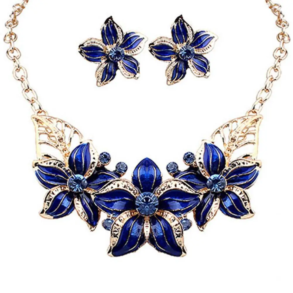 Fashion Women Rhinestone Flower Statement Pendant Necklace Earrings Jewelry Set