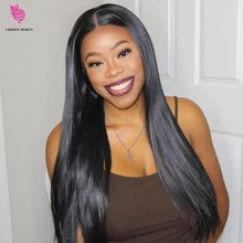 13x6 синтетический Синтетические волосы на кружеве парик черный длинный прямой глубокий часть Синтетические волосы на кружеве парики для Для женщин натуральных волос парик шнурка