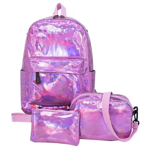 3Pcs/Set Fashion Bags For Women Student Solid Color Shiny Leather Backpack Shoulder Bag Clutches Mochila Mujer Zaino Rugzak - Цвет: Розовый