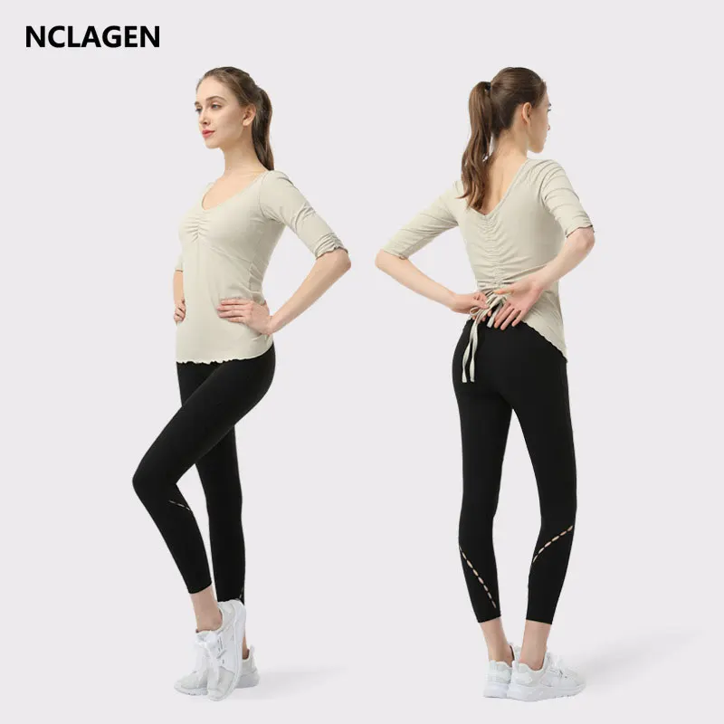 

NCLAGEN Yoga Suit Women Naked-feel Fabric Gym Clothes Workout Sport Leggings And Top 2 Piece Set Elastic Dance Fitness Sportwear
