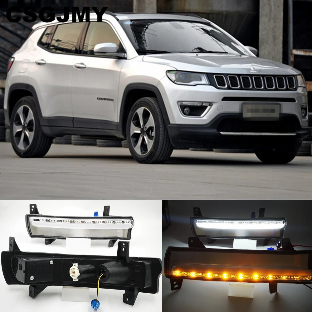 2 шт. днем Бег светильник для Jeep Compass динамический желтый указатель поворота светильник стиль реле 12V светодиодный автомобиль DRL Противотуманные лампы