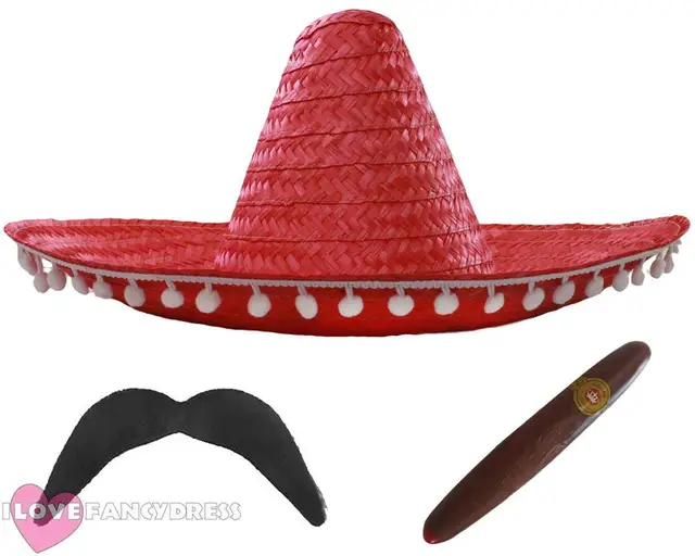 3 PIECES MEXICAN SOMBRERO STRAW POM HAT 